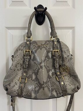 Michael Kors Snake-Print Satchel in Gray and Black with Gold Hardware AND wallet